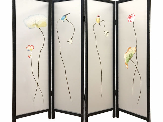 63" Black and White Fabric Folding Four Panel Screen Room Divider