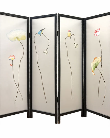 63" Black and White Fabric Folding Four Panel Screen Room Divider