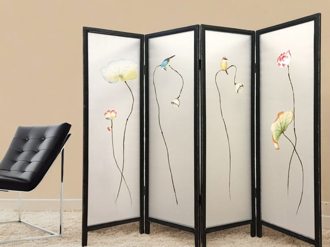 63" Black and White Fabric Folding Four Panel Screen Room Divider