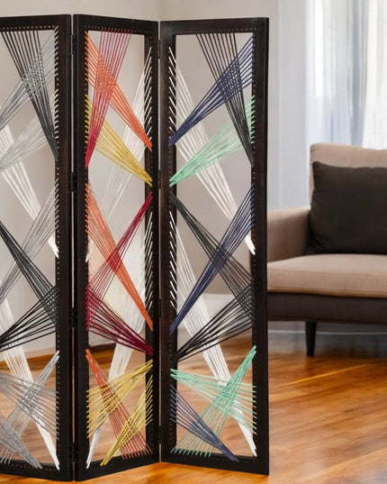 72" Black Fabric Folding Three Panel Screen Room Divider