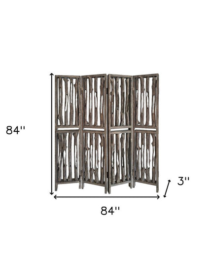 84" Brown Wood Folding Four Panel Screen Room Divider