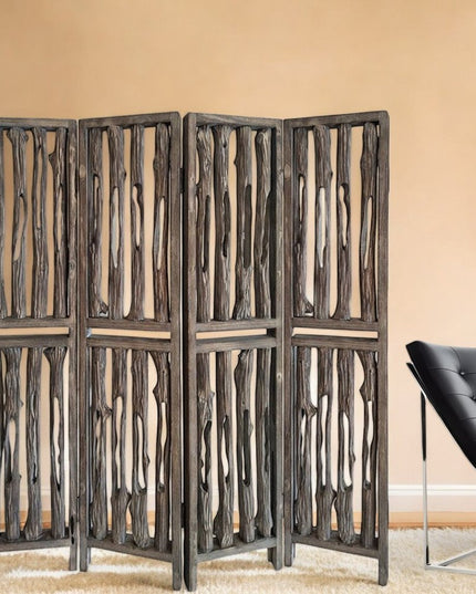 84" Brown Wood Folding Four Panel Screen Room Divider