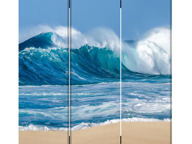 72" Blue and White Canvas Folding Three Panel Screen Room Divider