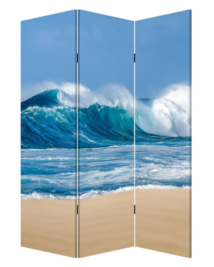 72" Blue and White Canvas Folding Three Panel Screen Room Divider