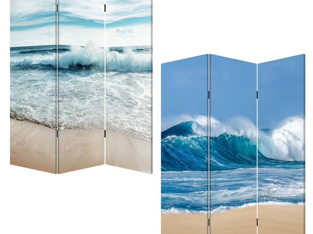 72" Blue and White Canvas Folding Three Panel Screen Room Divider