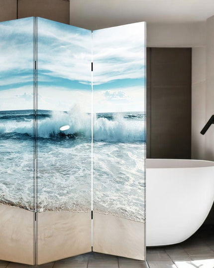 72" Blue and White Canvas Folding Three Panel Screen Room Divider