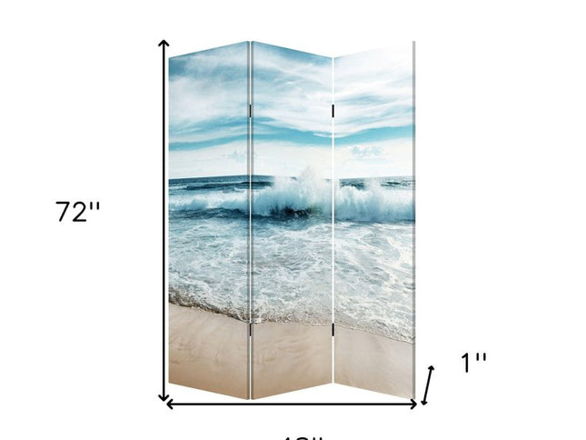 72" Blue and White Canvas Folding Three Panel Screen Room Divider
