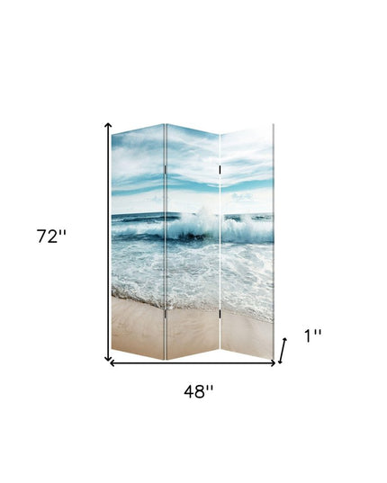 72" Blue and White Canvas Folding Three Panel Screen Room Divider