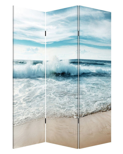 72" Blue and White Canvas Folding Three Panel Screen Room Divider