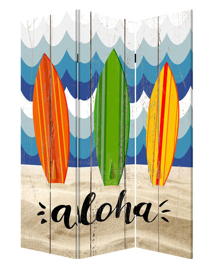 72" Blue and White Canvas Folding Three Panel Screen Room Divider