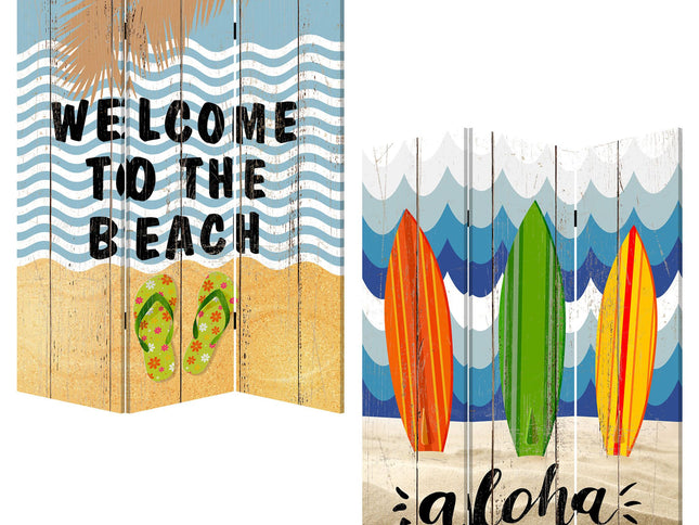 72" Blue and White Canvas Folding Three Panel Screen Room Divider