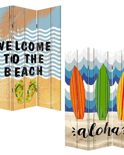 72" Blue and White Canvas Folding Three Panel Screen Room Divider