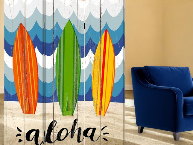 72" Blue and White Canvas Folding Three Panel Screen Room Divider