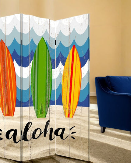 72" Blue and White Canvas Folding Three Panel Screen Room Divider