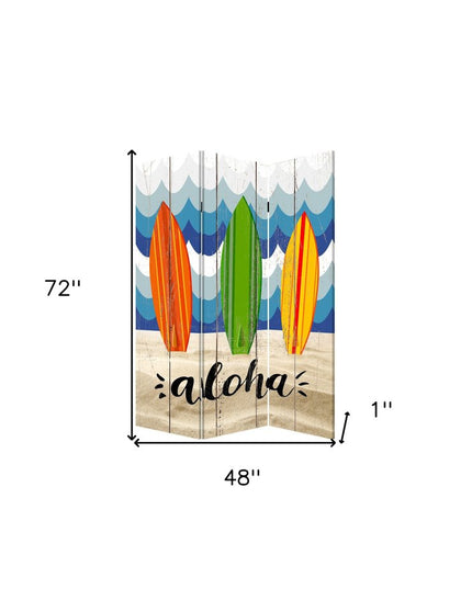 72" Blue and White Canvas Folding Three Panel Screen Room Divider