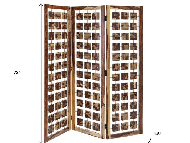 72" Brown Solid Wood Folding Three Panel Screen Room Divider