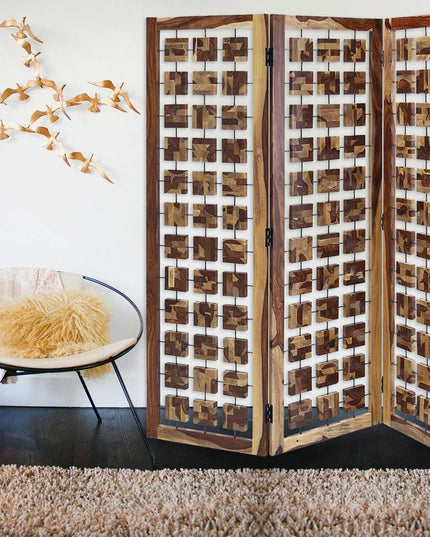72" Brown Solid Wood Folding Three Panel Screen Room Divider