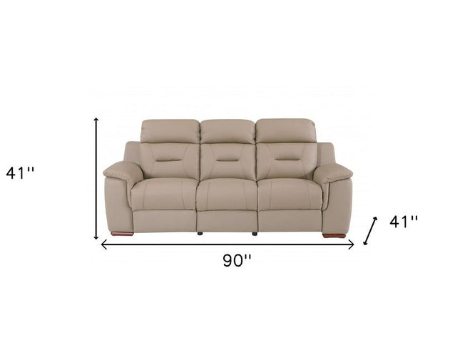 90" Beige Faux Leather Sofa With Brown Legs