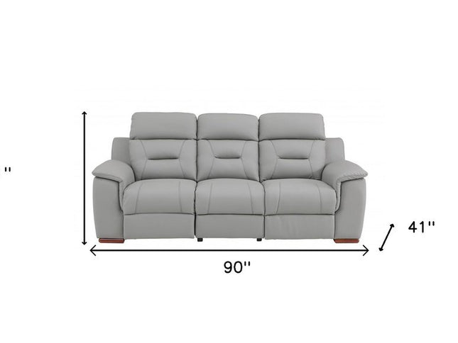 90" Gray Faux Leather Reclining Sofa With Brown Legs