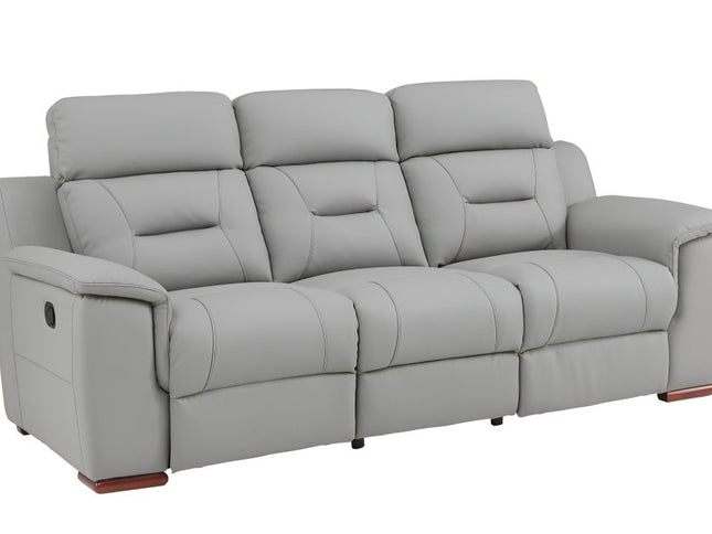 90" Gray Faux Leather Reclining Sofa With Brown Legs
