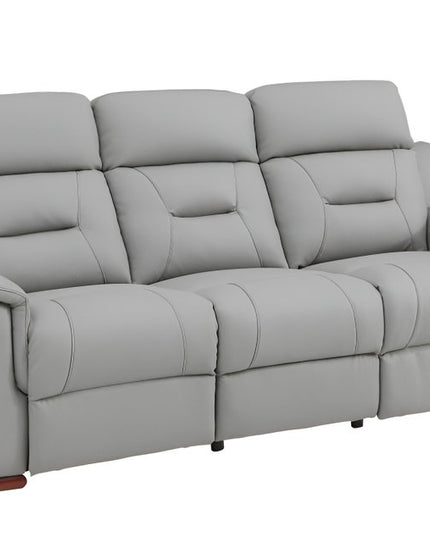 90" Gray Faux Leather Reclining Sofa With Brown Legs