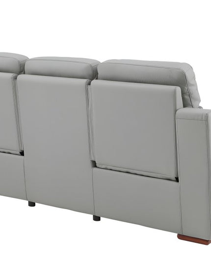 90" Gray Faux Leather Reclining Sofa With Brown Legs