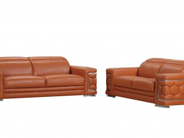Two Piece Indoor Camel Italian Leather Five Person Seating Set