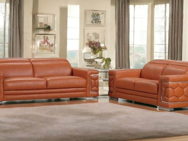 Two Piece Indoor Camel Italian Leather Five Person Seating Set