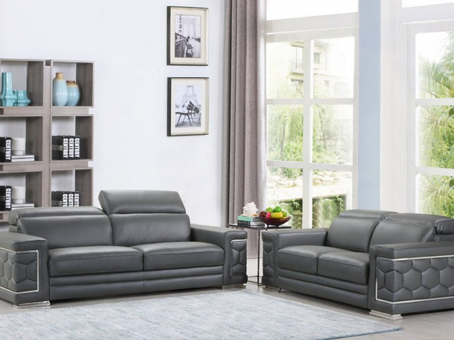 Two Piece Indoor Dark Gray Italian Leather Five Person Seating Set