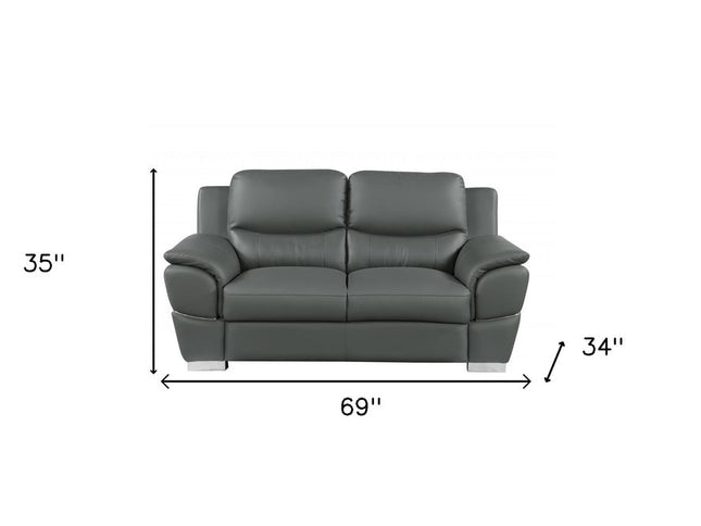 Two Piece Indoor Gray Genuine Leather Five Person Seating Set