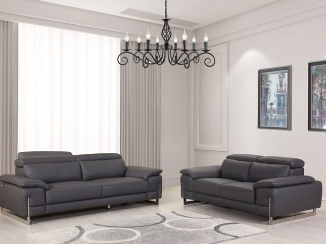 Two Piece Indoor Dark Gray Italian Leather Five Person Seating Set