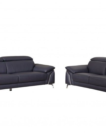 Two Piece Indoor Blue Italian Leather Five Person Seating Set