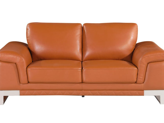 Two Piece Indoor Camel Italian Leather Five Person Seating Set