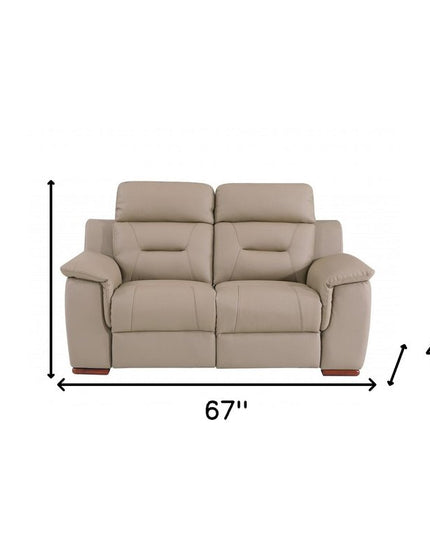 67" Beige And Brown Faux Leather Manual Reclining Loveseat