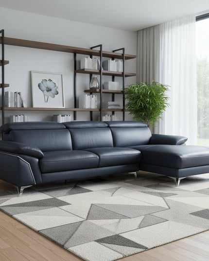 Navy Blue Italian Leather L Shaped Two Piece Sofa and Chaise Sectional