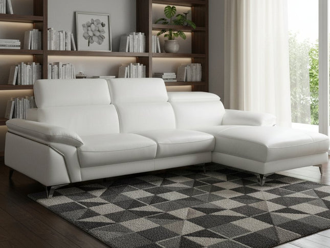 White Italian Leather L Shaped Two Piece Sofa and Chaise Sectional