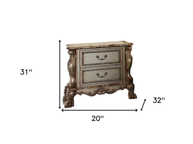 31" Gold Two Drawers Solid Wood Mirrored Nightstand