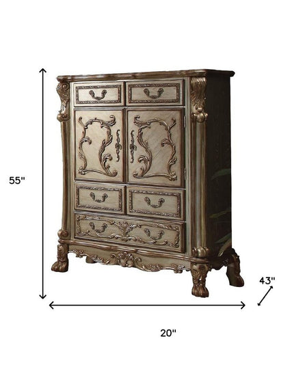 20" X 43" X 55" Gold Patina Bone Wood Poly Resin Chest