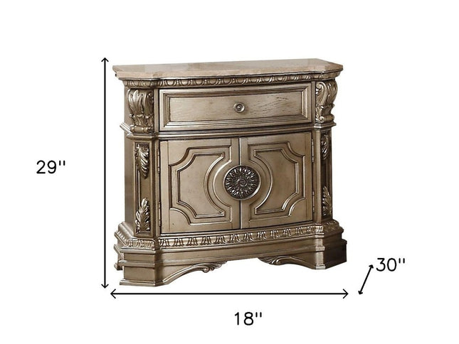 29" Champagne One Drawer Faux Marble and Solid Wood Nightstand With Storage