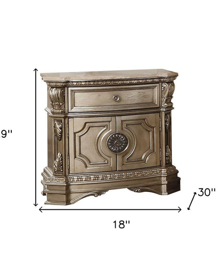 29" Champagne One Drawer Faux Marble and Solid Wood Nightstand With Storage