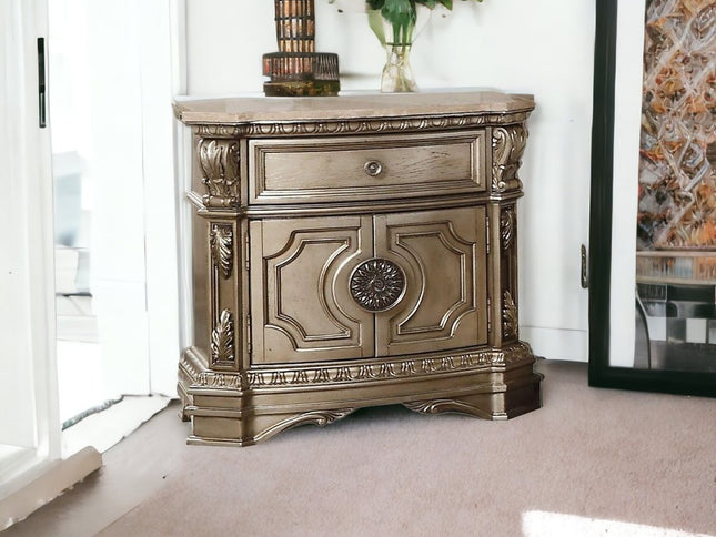 29" Champagne One Drawer Faux Marble and Solid Wood Nightstand With Storage