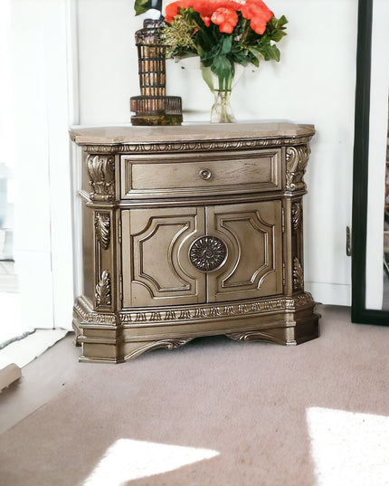 29" Champagne One Drawer Faux Marble and Solid Wood Nightstand With Storage