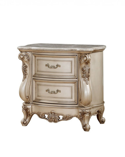 32" Antiqued White Two Drawers Mirrored Nightstand