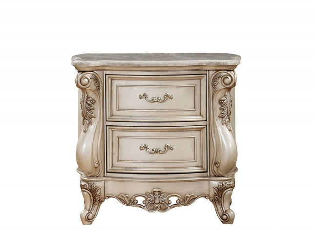 32" Antiqued White Two Drawers Mirrored Nightstand