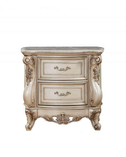 32" Antiqued White Two Drawers Mirrored Nightstand