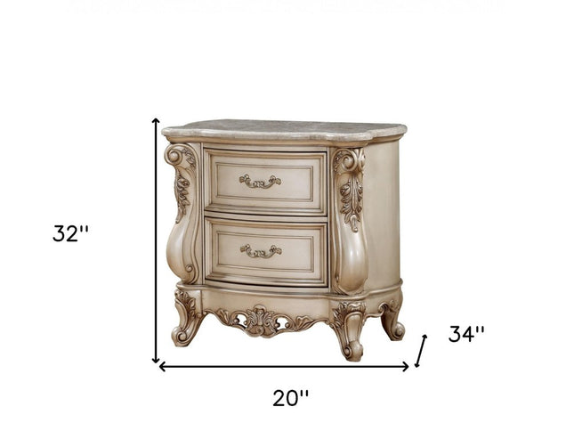 32" Antiqued White Two Drawers Mirrored Nightstand