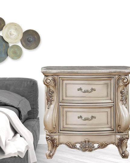 32" Antiqued White Two Drawers Mirrored Nightstand