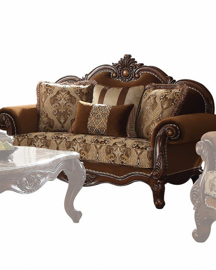 69" Brown Damask Chesterfield Loveseat and Toss Pillows