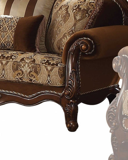 69" Brown Damask Chesterfield Loveseat and Toss Pillows