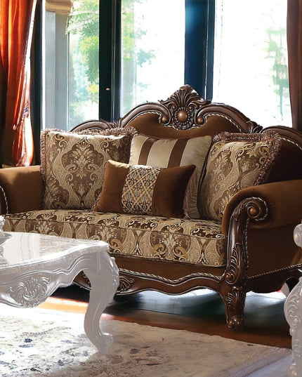 69" Brown Damask Chesterfield Loveseat and Toss Pillows